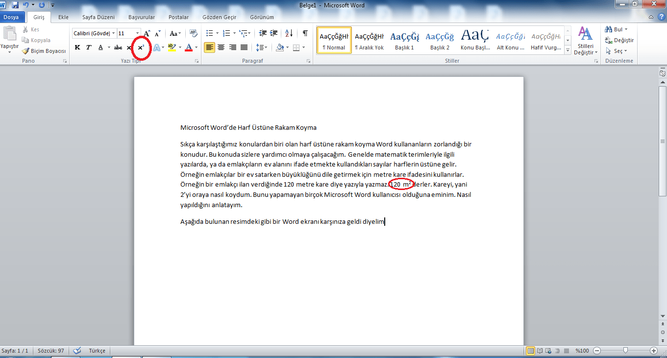 Microsoft Word’de Harf Üstüne Rakam Koyma