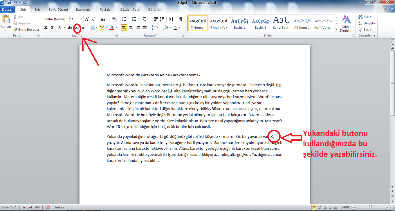 Microsoft Word’de Karakterin Altına Karakter Koymak
