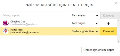 Yandex Disk Klasöre Ortak Erişim İmkanı Verme