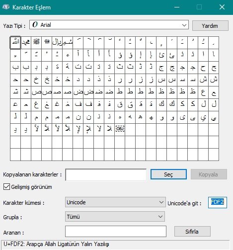 Karakter eşlem tablosu ile klavyede Arapça Allah yazısı