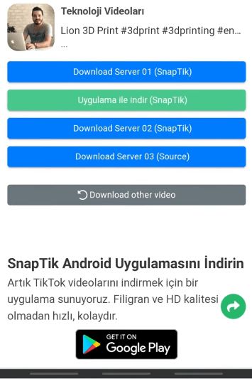 SnapTik video indirme ekranı