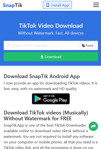 SnapTik internet sitesi