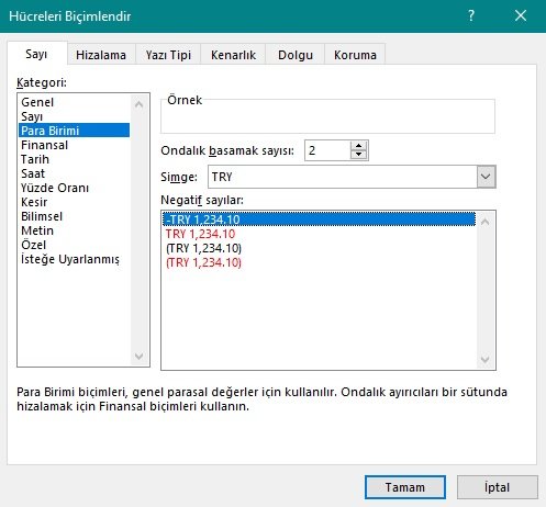 Excel Türk Lirası seçimi