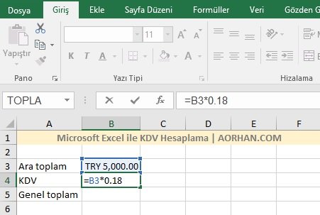 Excel ile KDV hesaplama