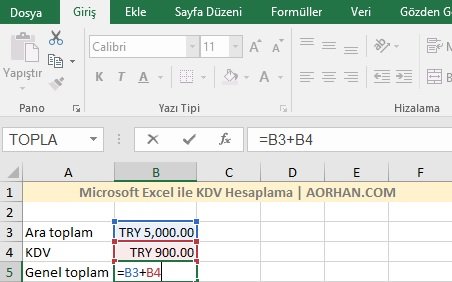 Excel KDV toplamı hesaplama