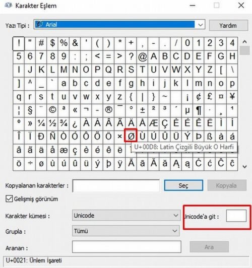 Karakter eşlem tablosu Unicode alanı