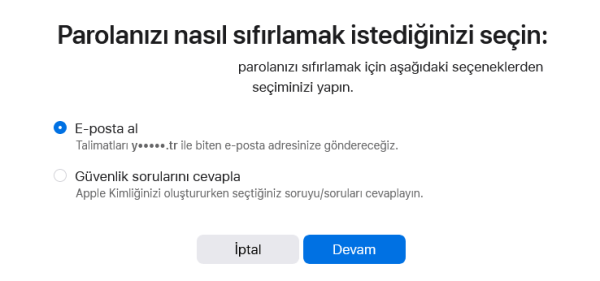 Apple kimliği parolası sıfırlama seçenekleri