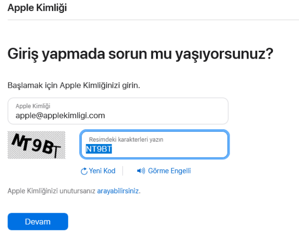 Apple kimliği şifresi sıfırlama ekranı